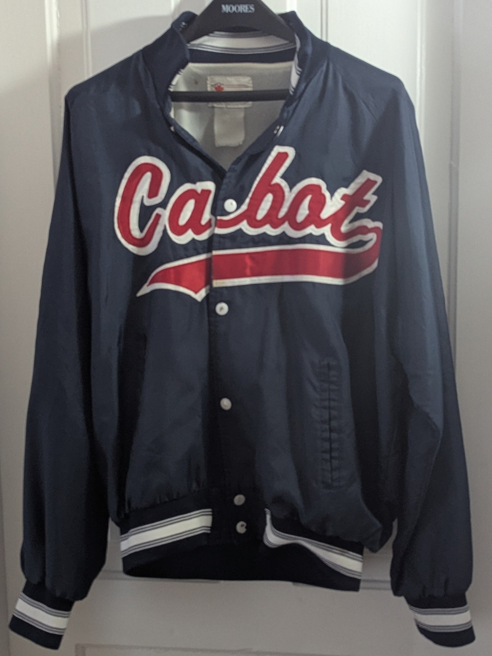 Cabat Mens Navy Baseball Jacket with Red Script Med